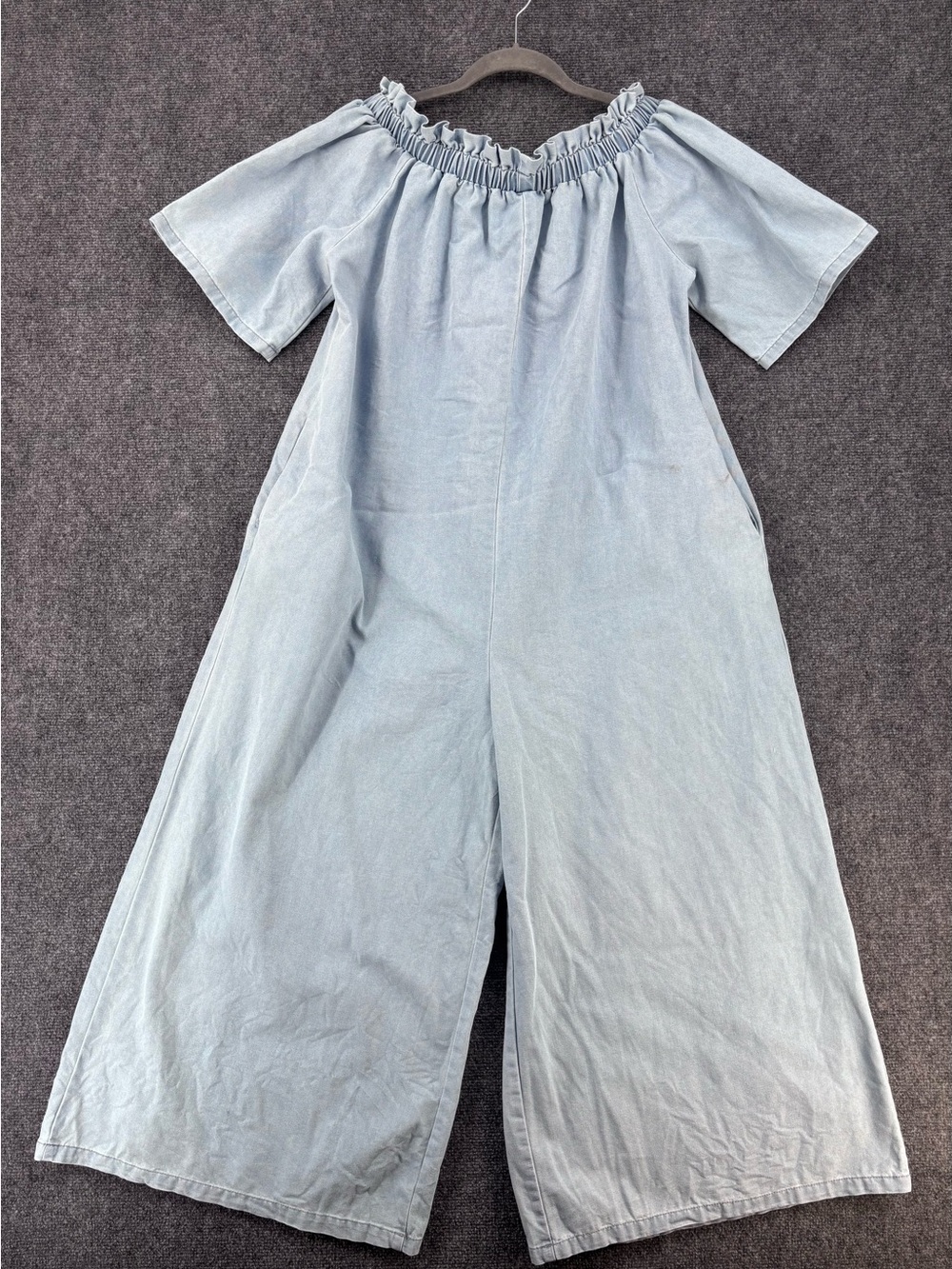 Stylewe Blue Denim Wide Leg Off Shoulder Romper Jumpsuit Women’s L Coastal Boho
